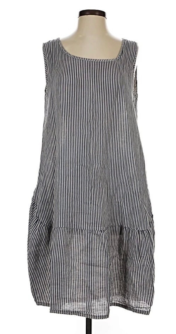 ITALIAN “PURE VENICE” 100% LINEN Sleeveless Striped Dress Gray / White S M L XL