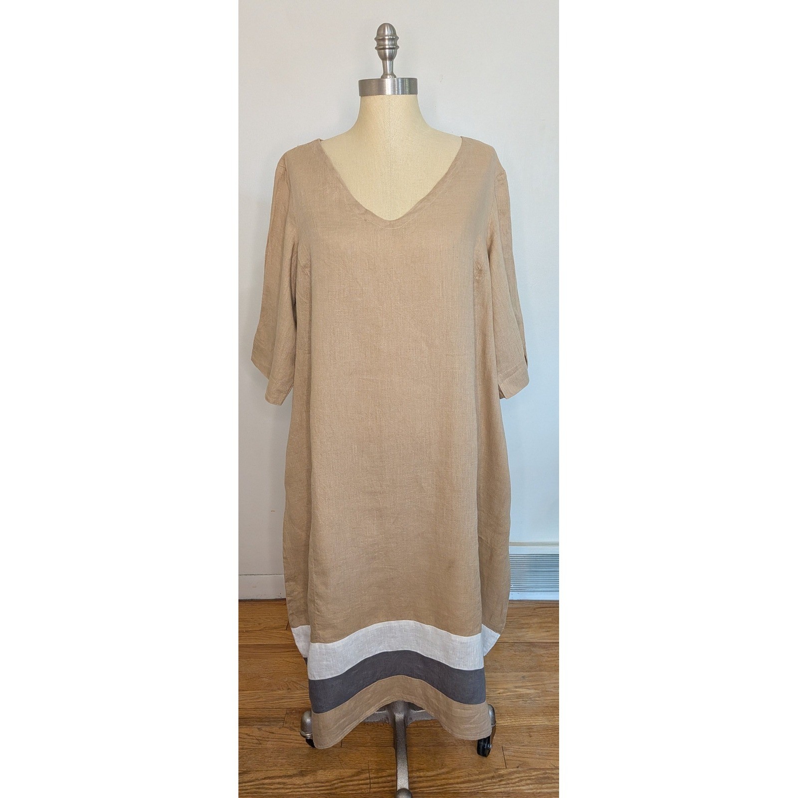 LLUUKAA Linen Colorblock V Neck Midi Dress Minimalist Quiet Luxury Pockets Sz 14