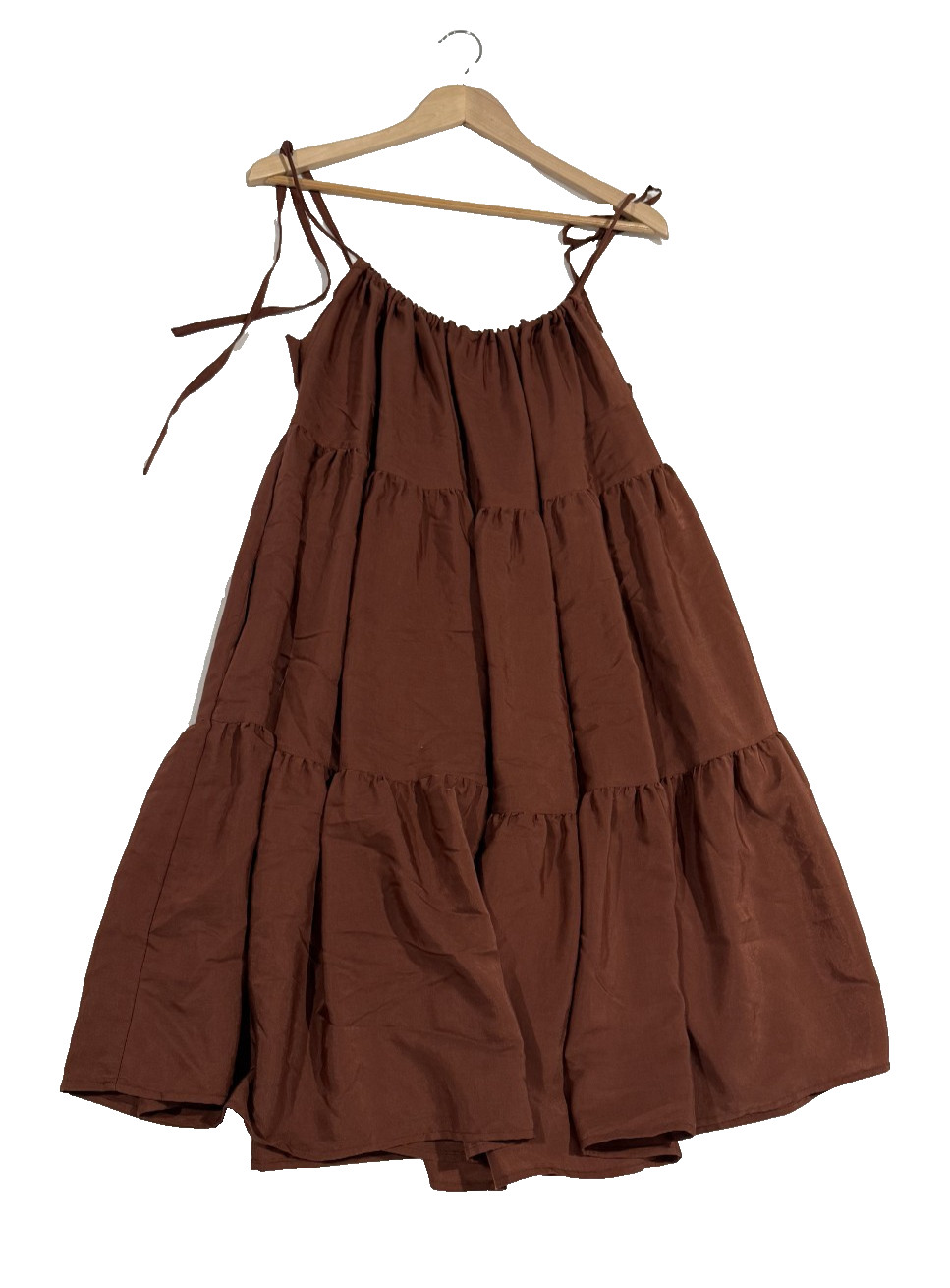 Eva Mendes NewYork Company Tiered Mini Dress Small Brown Rust Tie Shoulder 34×32