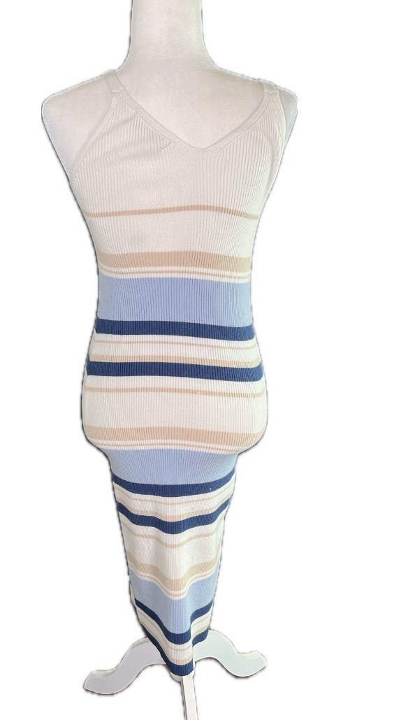 Willow & Wind blue tan and white striped bodycon strappy midi dress m medium
