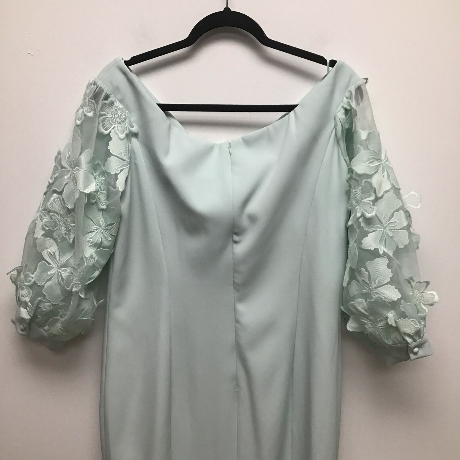 Alberto Makali Womens Sky Blue Embellished Lace Sleeve Knee Slit Midi Dress 16