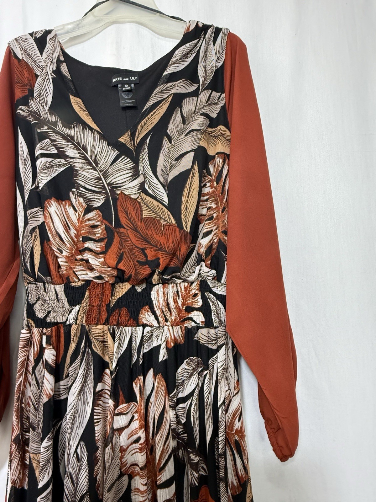 Kate & Lily 12 Black Rust Orange Long Sleeve Smocked Waist V-Neck Maxi Dress EUC