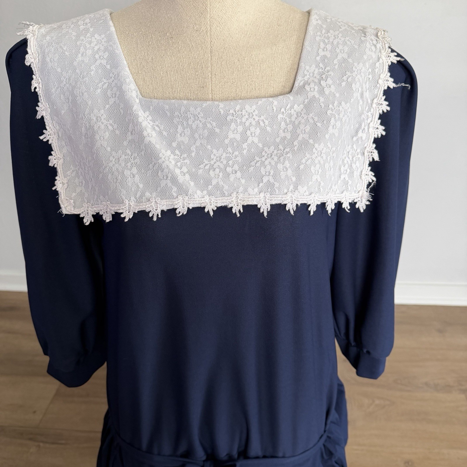 Vintage 90s Lace Sailor Collar Midi Dress Navy Drop Waist Pleated USA Made Sz 11