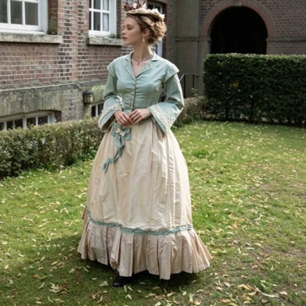 Sage Green Victorian Walking Dress Vintage Civil War Historical Costume Tea Gown