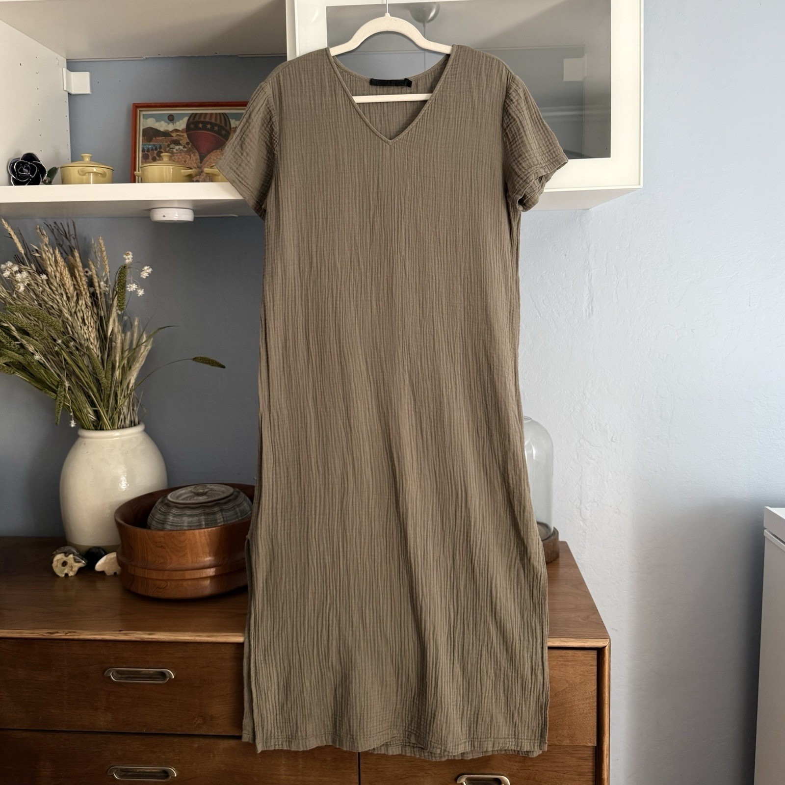 Jenni Kayne Cypress Caftan XS Gauze Cotton Midi Dress Sage Green Lagenlook