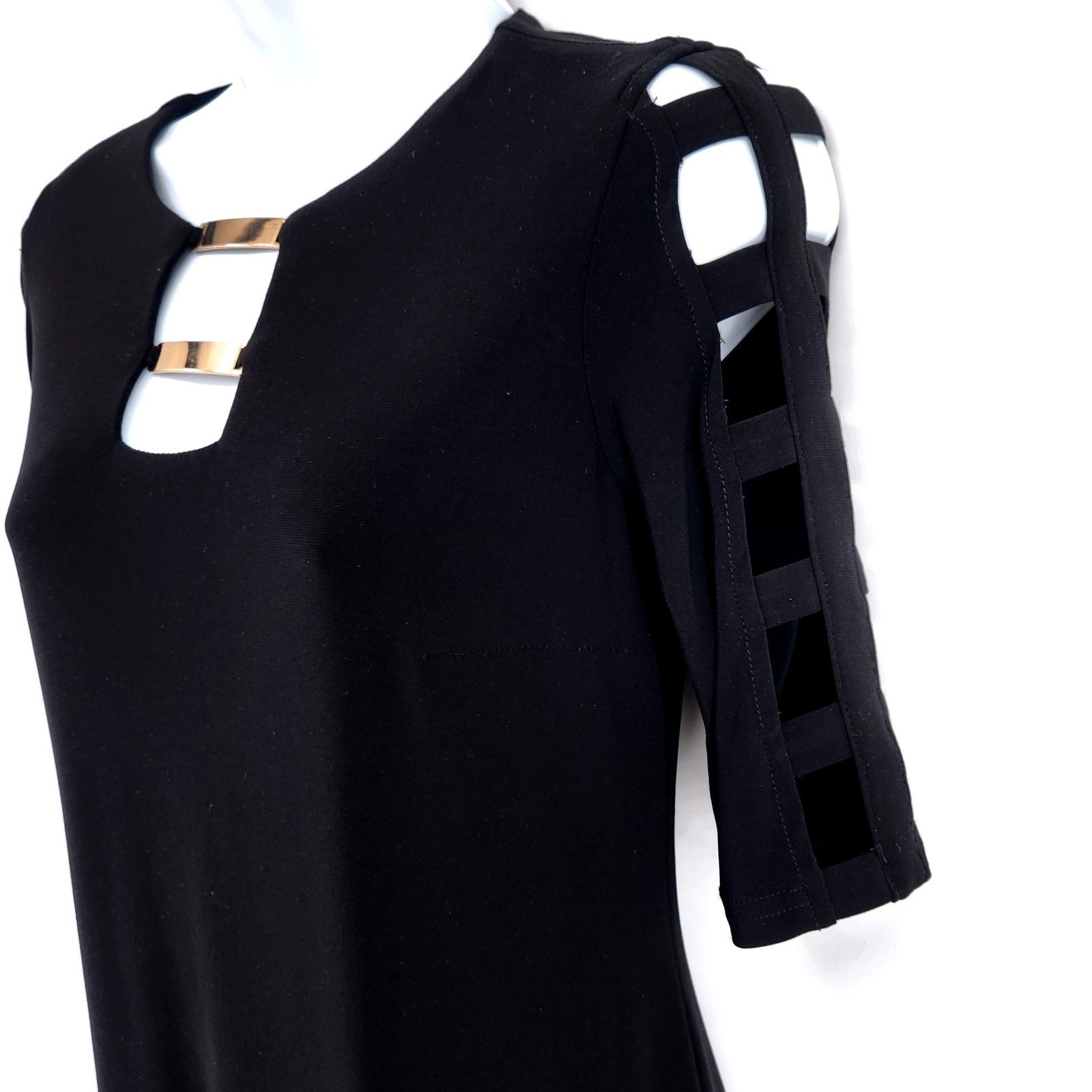Joseph Ribkoff Black Sheath Dress Size 4 Cutout Neck Gold Detail 3/4 sleeve