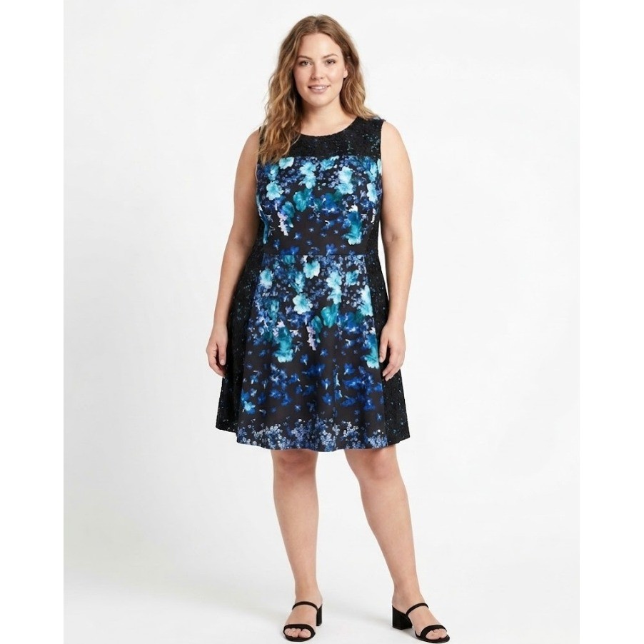 Roz & Ali size 24 Black Blue Floral Lace Detail Sleeveless Stretch Dress