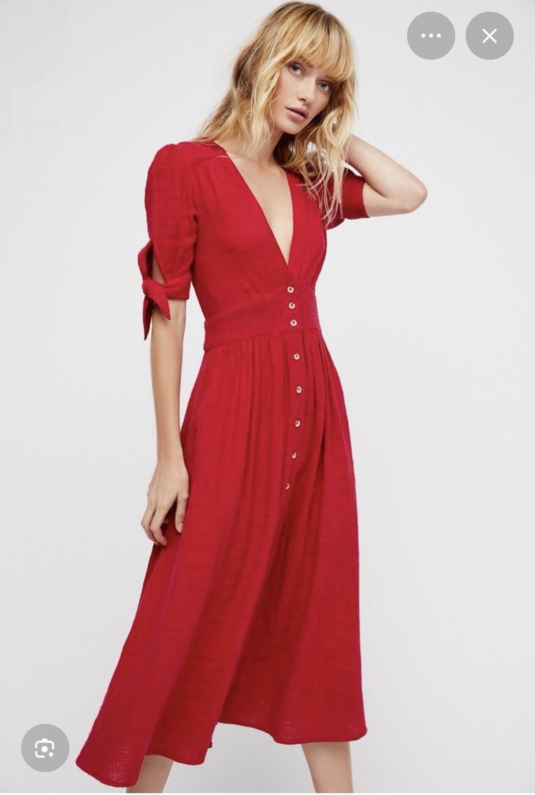 Women’s Red V-Neck A-Line Midi Dress XS Empire Waist Button Front Tie 3/4