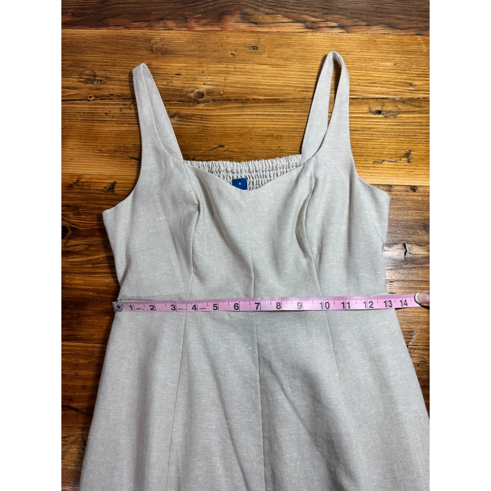 Old Navy Fit & Flare Sleeveless Linen Midi Dress S Beige Notch Neck Smocked Back