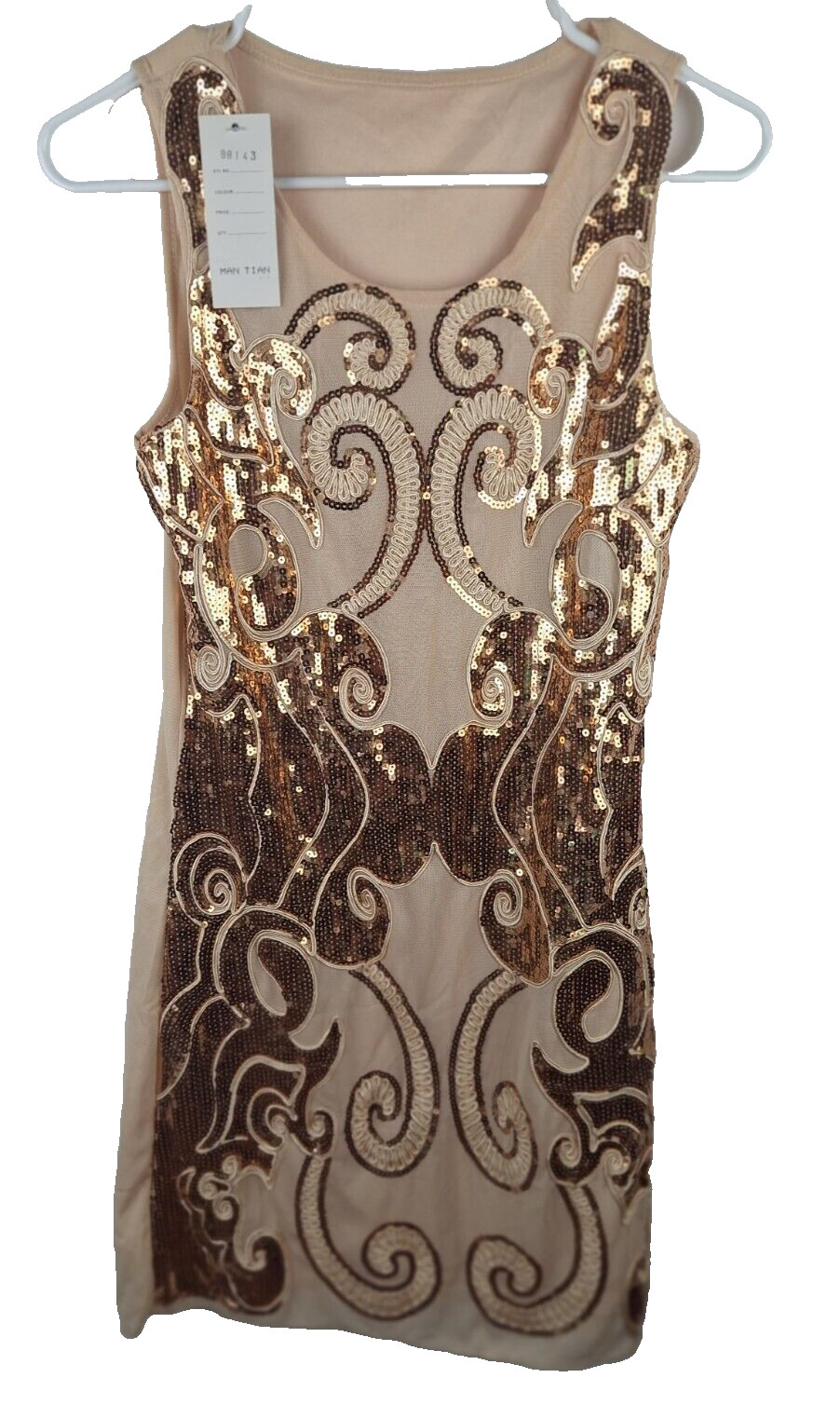 NWT Gold Bedazzle Cocktail Sexy Midi Mini Dress Sparkle Beaded Sequins Small