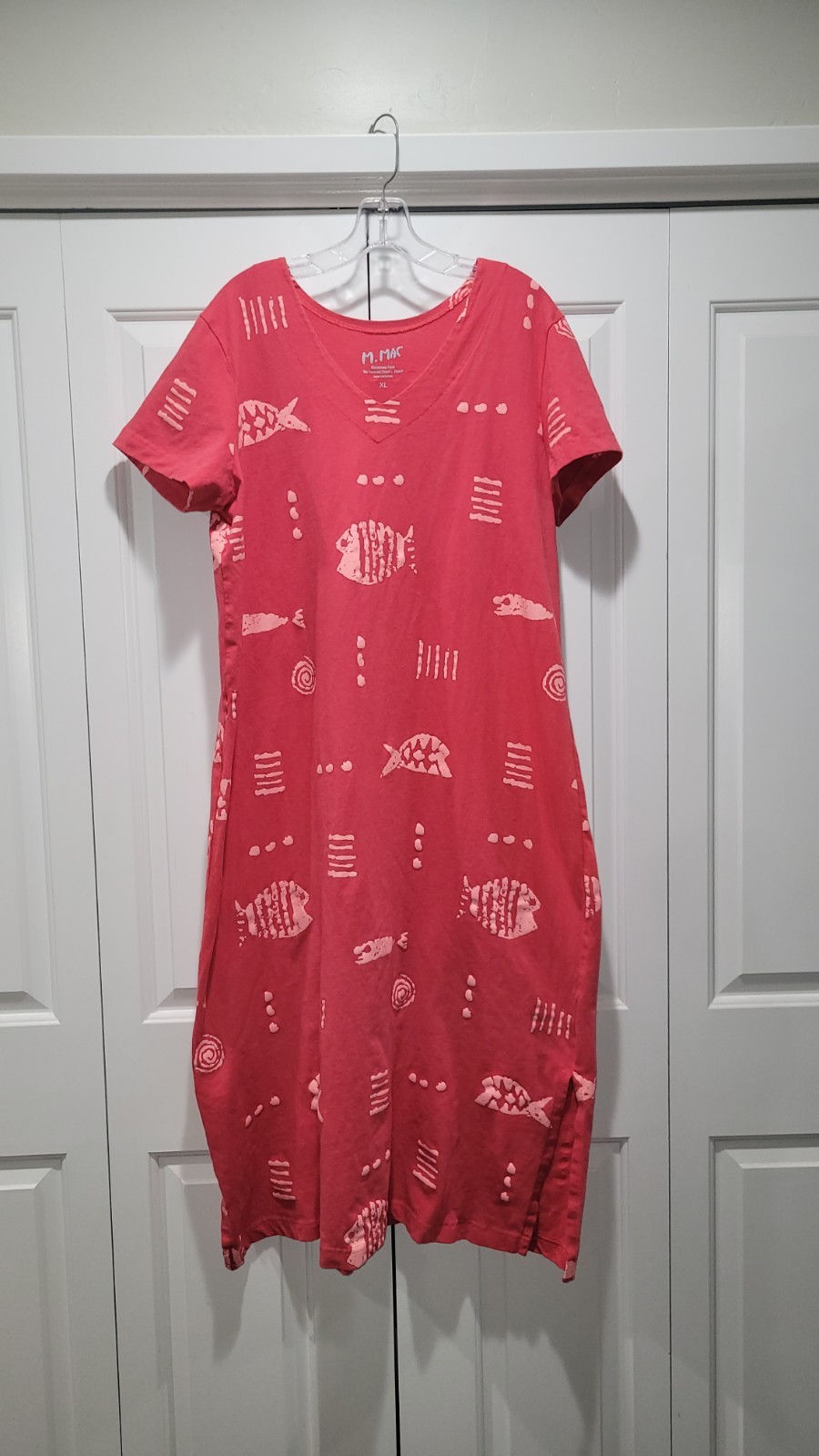 M. Mac Dress Coral/Pink Rock Fish Short Sleeve 100% Cotton Size XL Beach Summer