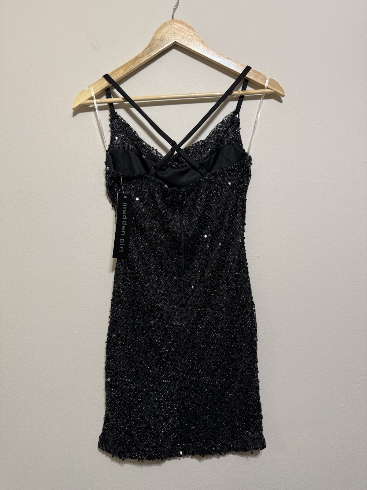 Madden Girl Black Sequin V-Neck Strappy Bodycon Mini Dress Party Size S