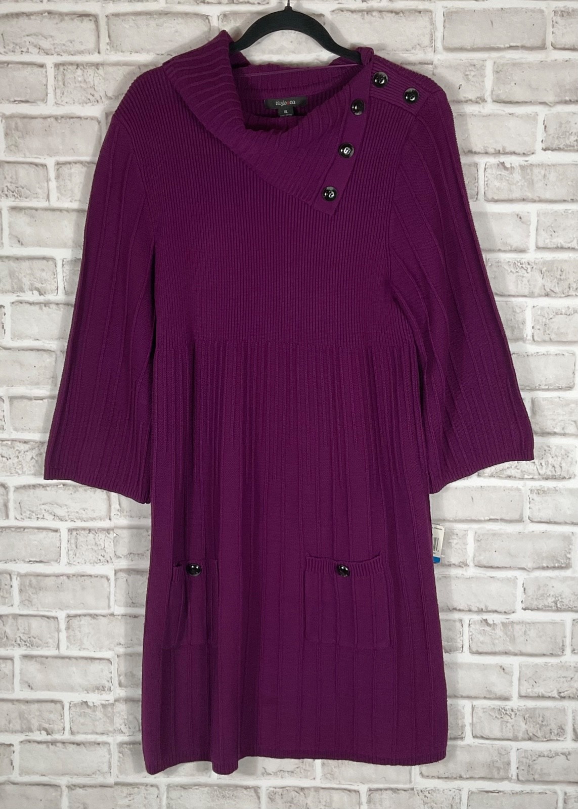 Style & Co Sweater Dress Womens Sz XL Purple Button Shoulder Long Sleeves NWT