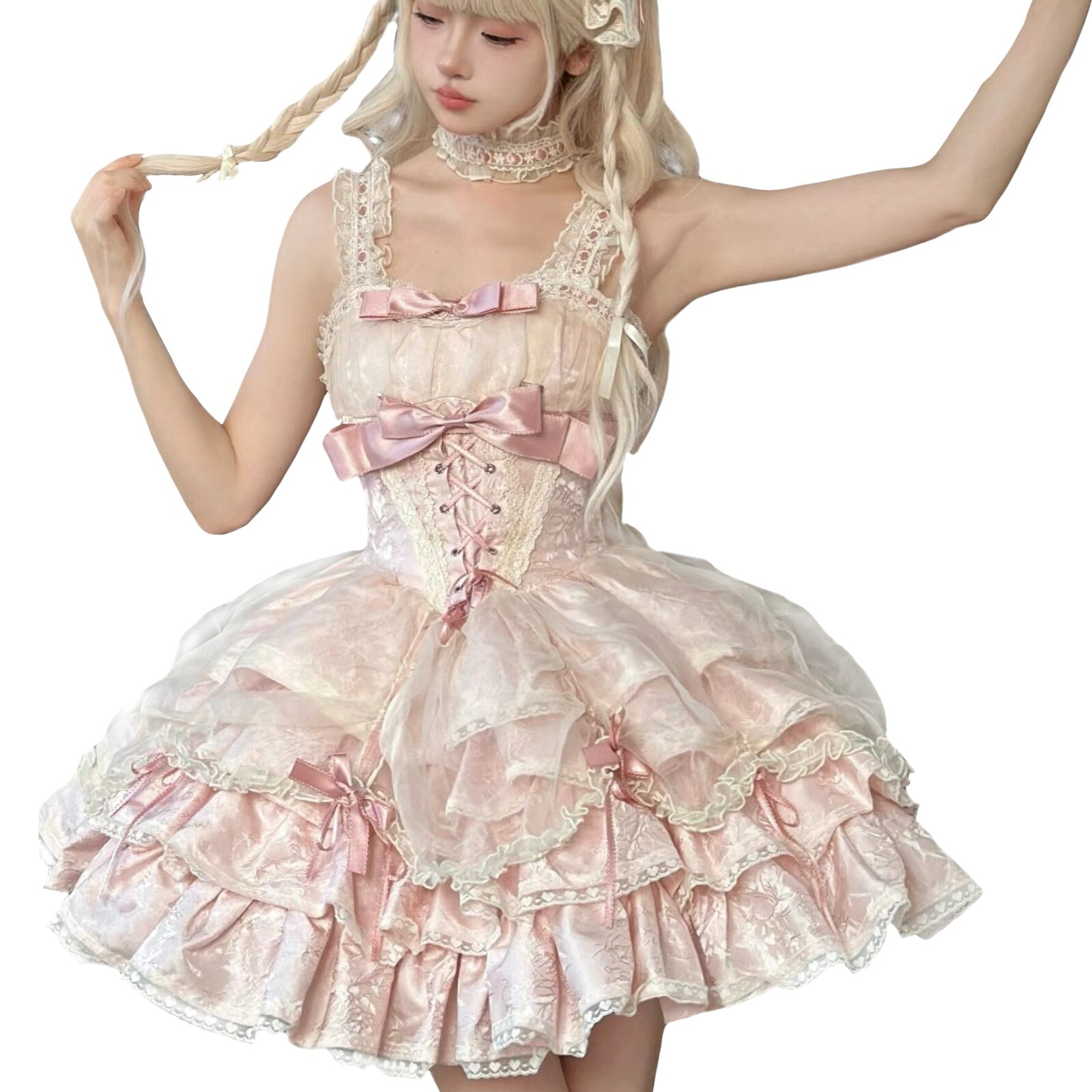 Elegant Lolita Ruffle Dress Detachable Sleeves Lace Layered Cocktail Party Dress