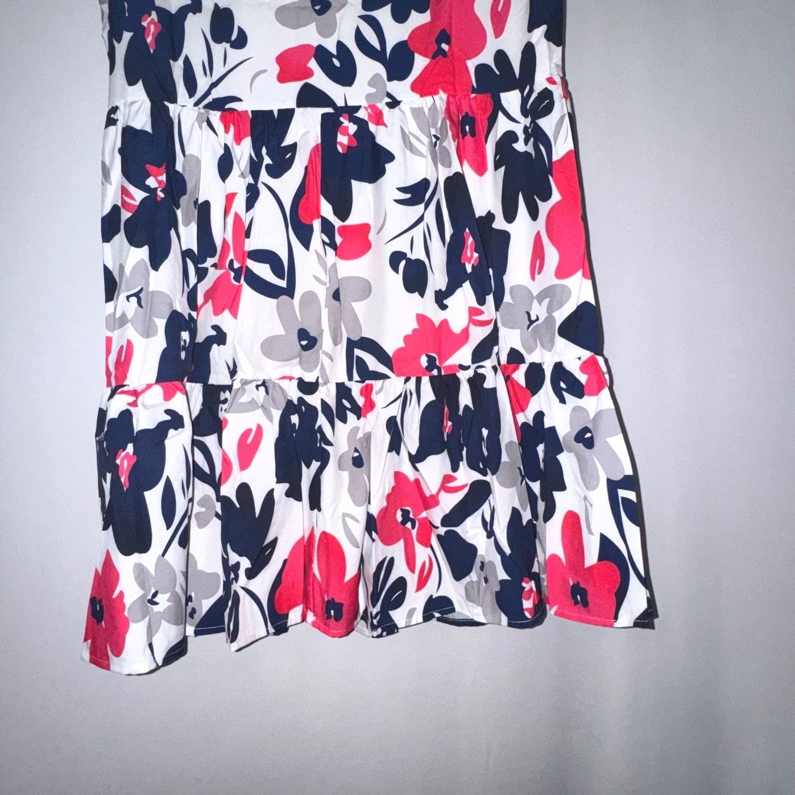 Womens Floral Print V-Neck Tiered Ruffle Mini Dress Navy Pink White Size M