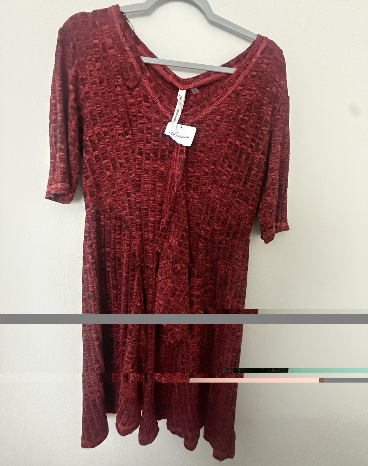 NY Collection Women’s XL Burgundy V-Neck Fit & Flare Knit Dress, 3/4 Sleeve