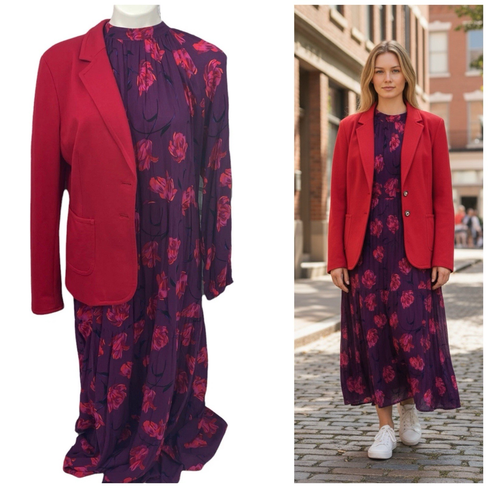Charter Club Blazer Dress Womens Large Lot Floral Maxi Purple Red Pockets Date