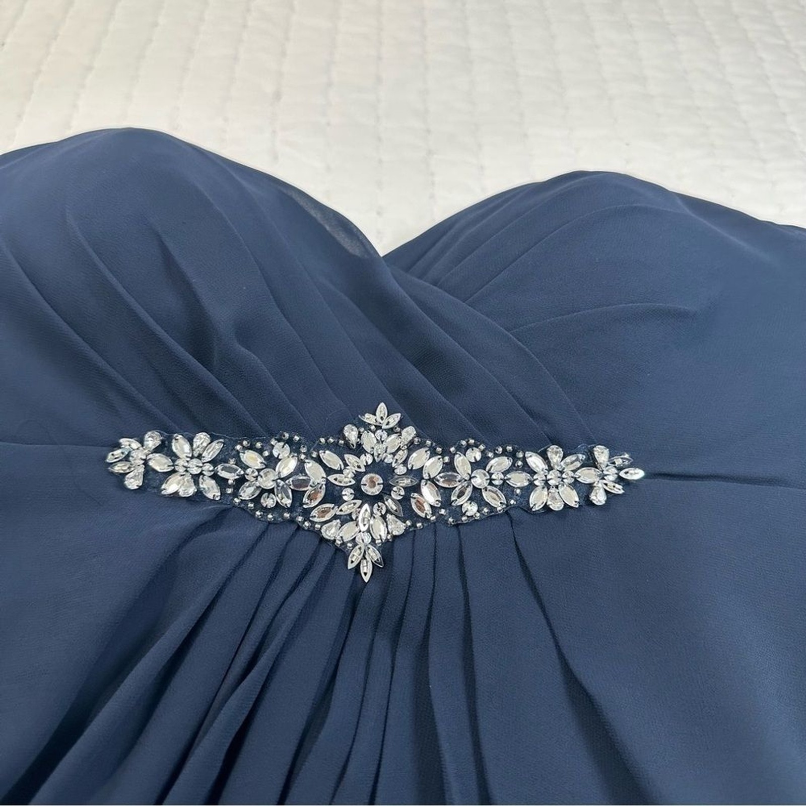 Bill Levkoff Strapless Chiffon With Straps Gown Navy Blue And Rhinestone Waist