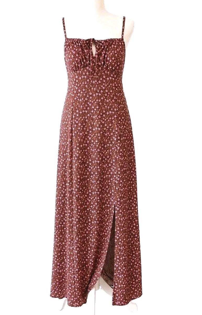 No Boundaries Brown/Pink Floral Scoop Neck Spaghetti Strap Maxi Dress S (4-6)