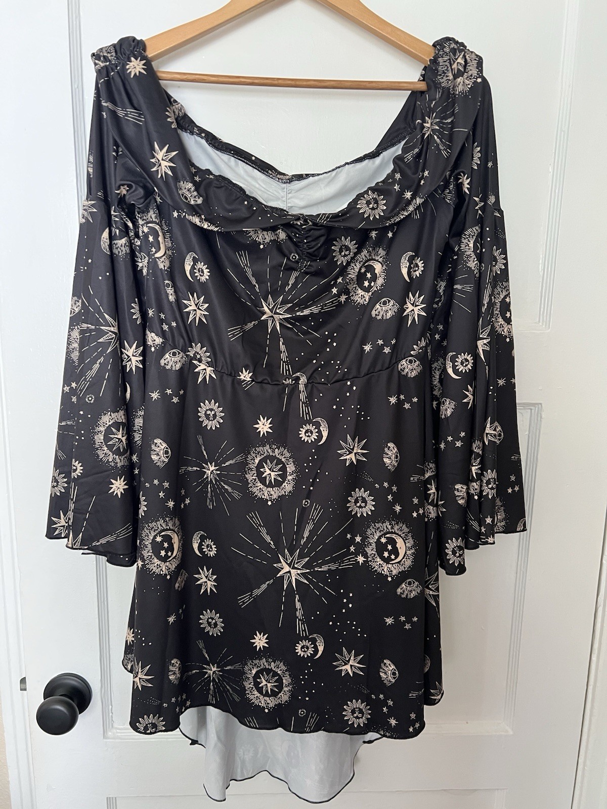 Womens XL Celestial Moon Stars Sun Off Shoulder Mini Dress Bell Sleeve Goth Boho