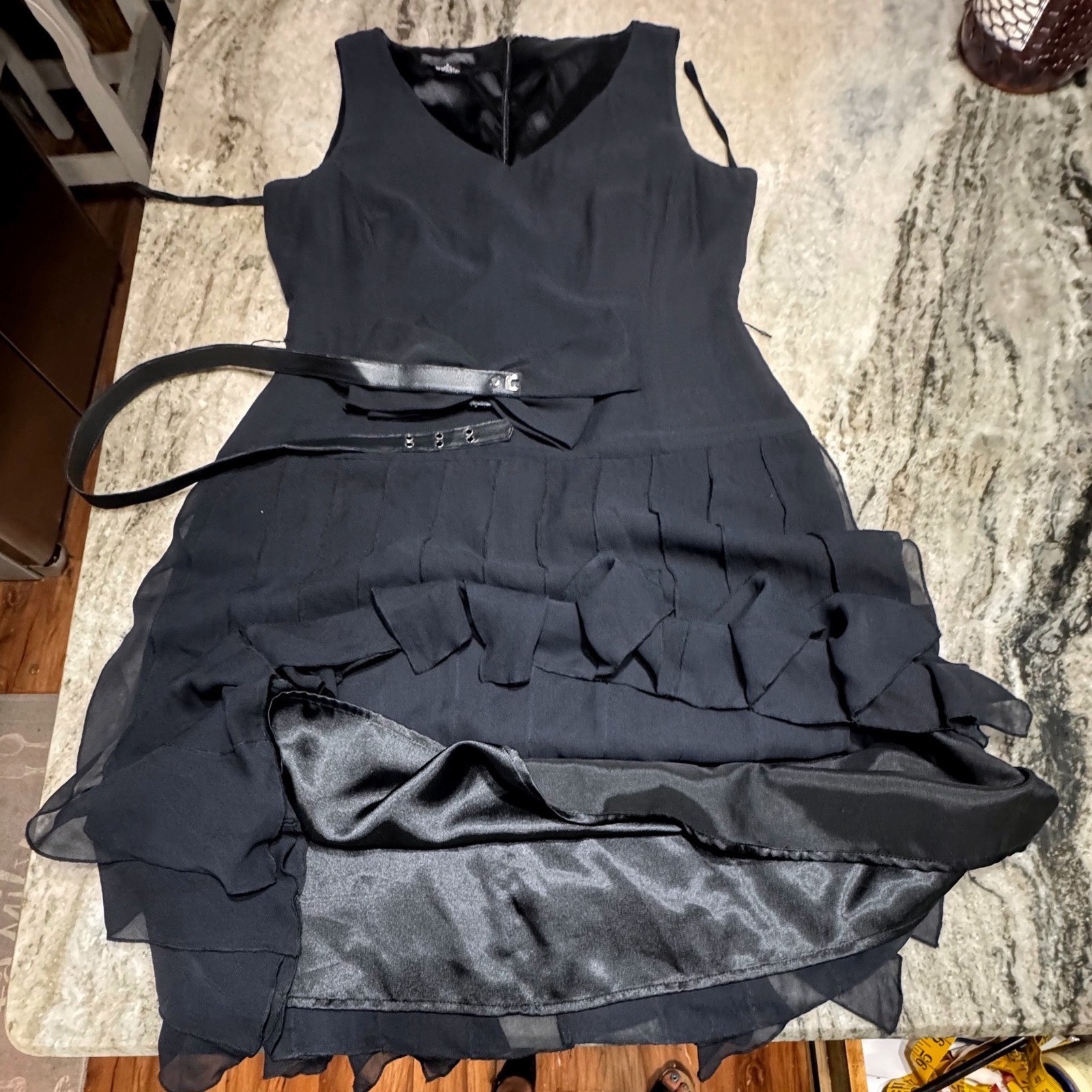 Michelle Antonelli Silk Cocktail Dress Womens 6 Layered Flounce Black Bow Belt