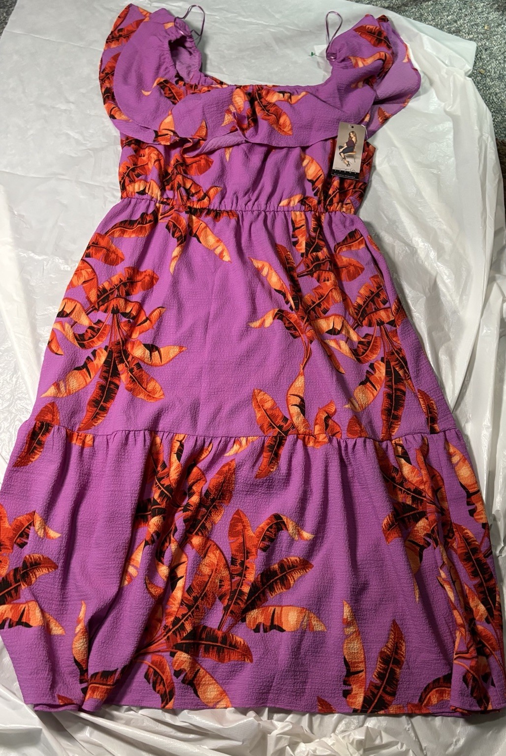 NWT Sofia Vergara Purple Orange Tropical Midi Dress Off Shoulder Ruffle XL