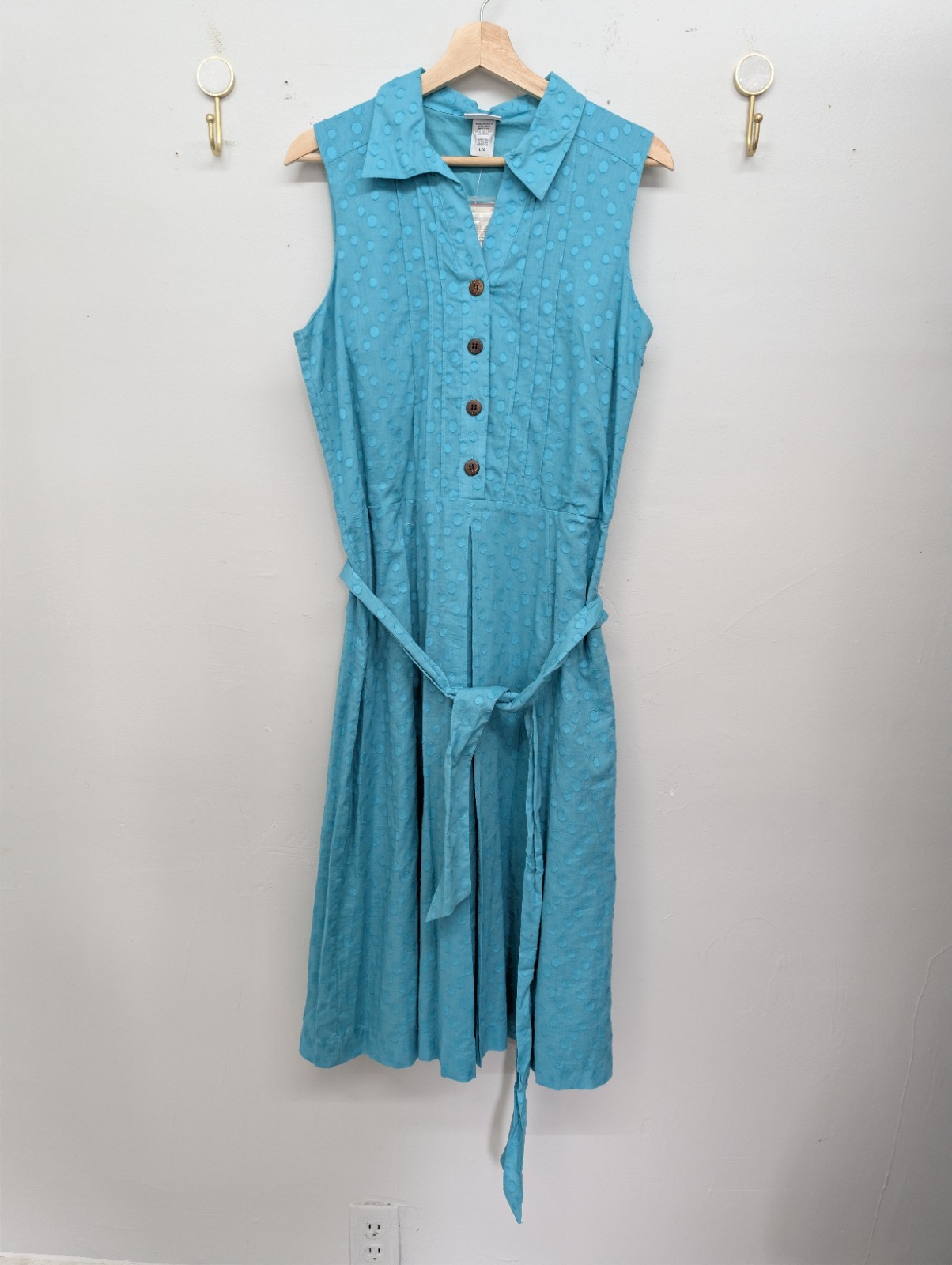 Jaclyn Smith Turquoise Blue Polka Dot Sleeveless Shirtdress Belted Pleated