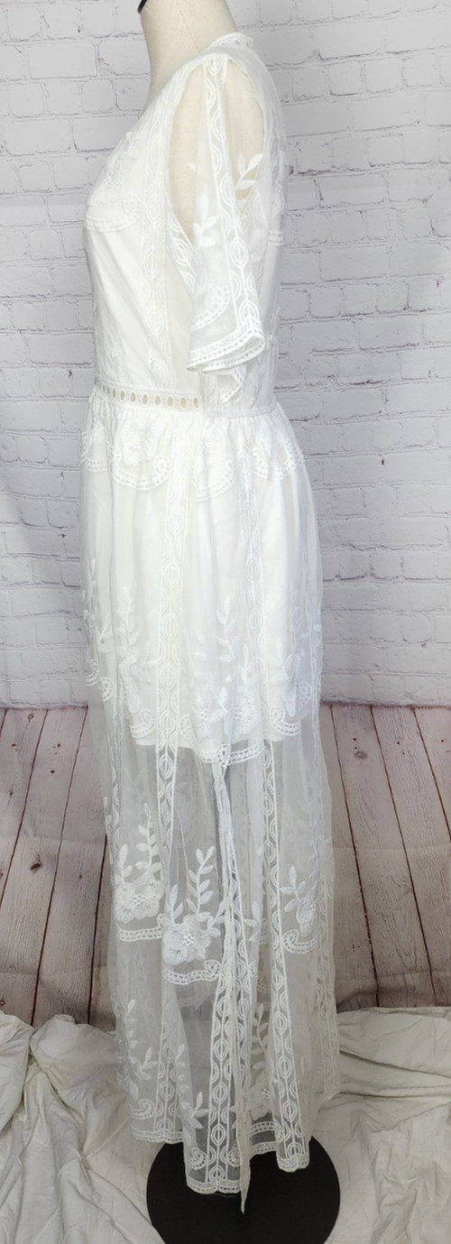 Boho Dress Romantic Sheer Lace Lined Side Slits Wedding Hippie Coquette Size S