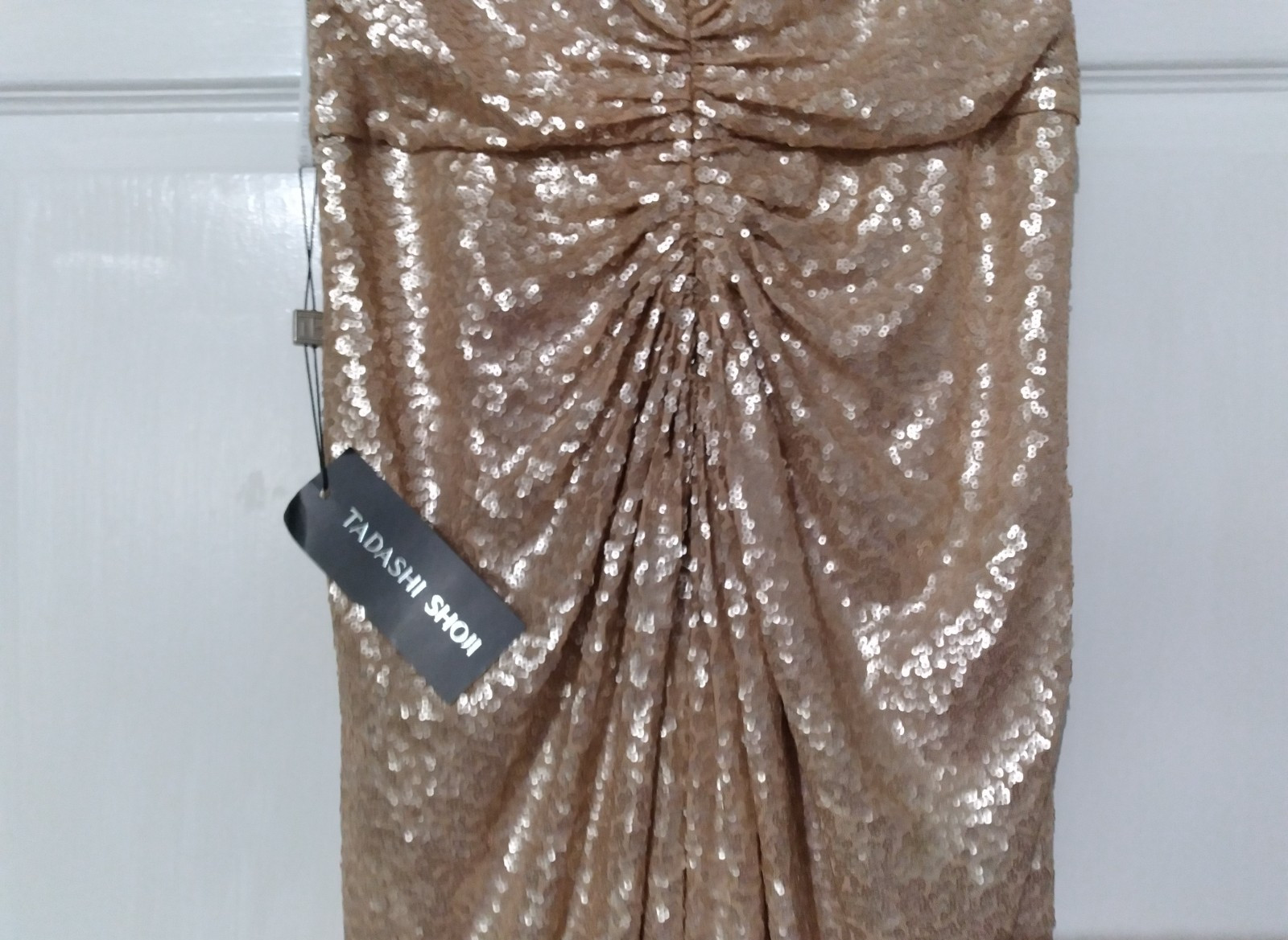 NWT Tadashi Shoji Champagne Lace Sequin Sleeveless Ruched Long Gown Dress MEDIUM