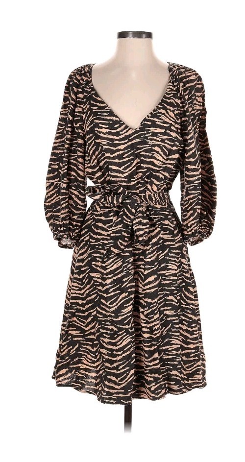 NWT OLIVER BONAS BROWN Adorable DRESS US 8 LINEN Tiger ANIMAL PRINT New Belt M L