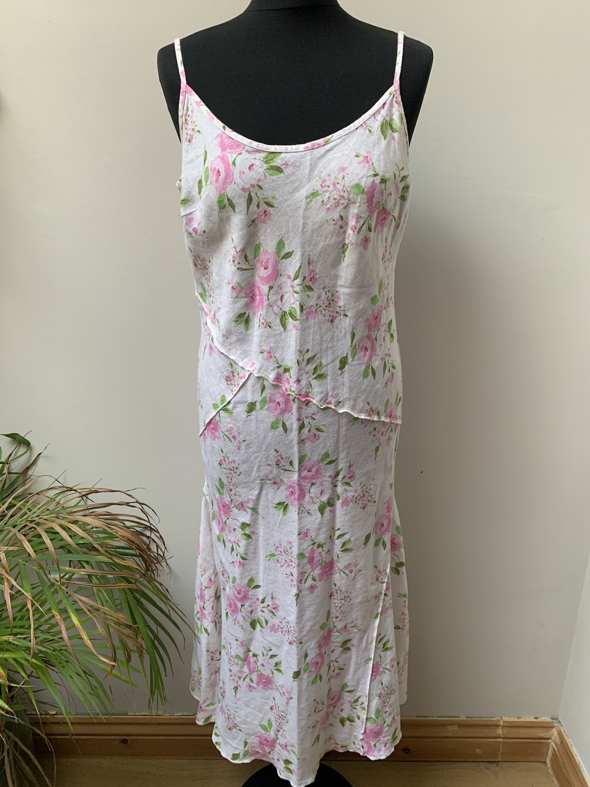M&S Per Una 100% Linen Bias Cut Slip Dress Fits UK 14 Floral Sleeveless Summer