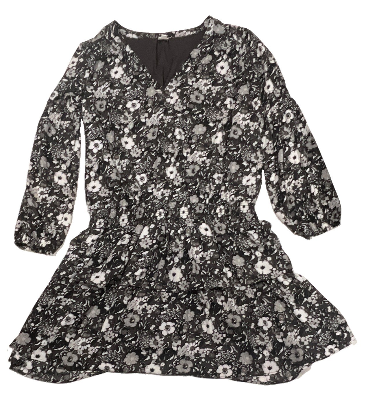 GAP Women’s Dark Floral Print Midi Dress Size L Boho Cottagecore Tiered Ruched