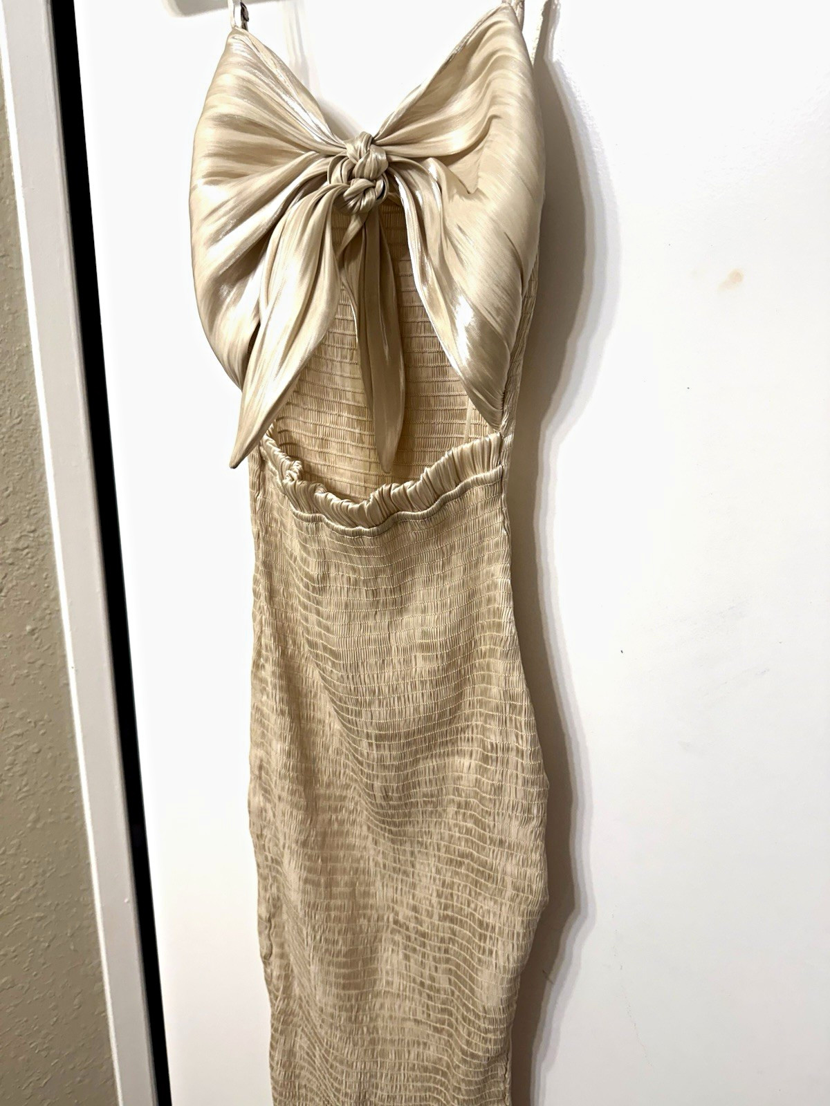 Mable Women’s Size S Champagne Satin Bow Smocked Midi Dress Open Back Ruffle Hem