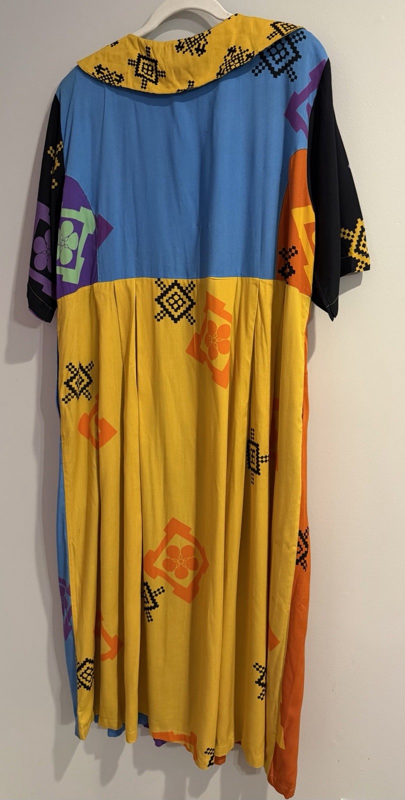 We Be Bop Vintage 90s Vibrant Patchwork Geometric Rayon Boho Swing Dress 1X Midi