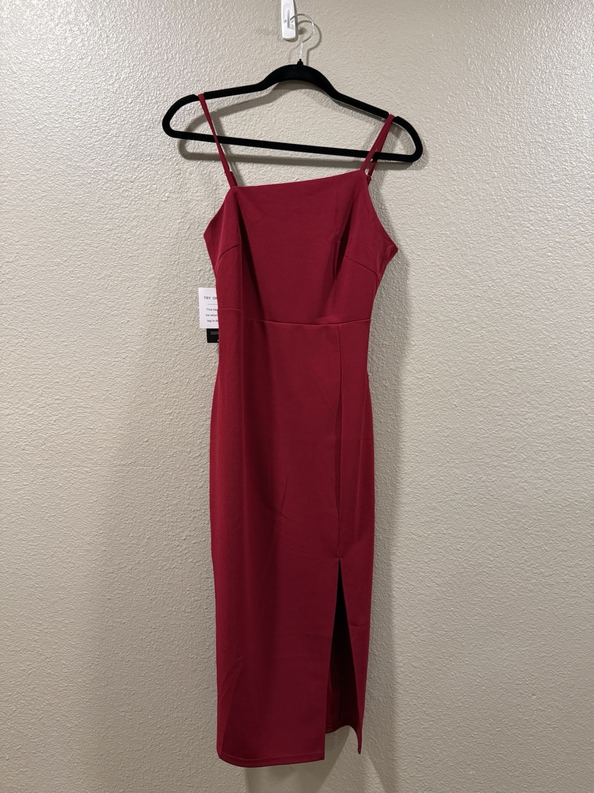 OWIN Red Bodycon Midi Dress Adjustable Straps Side Slit Square Neck Sleeveless S