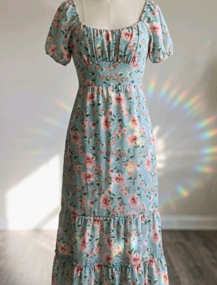 Red Hearts XL Blue/Pink/Green Floral Square Neck Puff Sleeve Maxi Dress