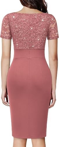 Miusol Women’s Rose Deep V-Neck Glitter Sequin Lace Elegant Ruffle Party Dress-M