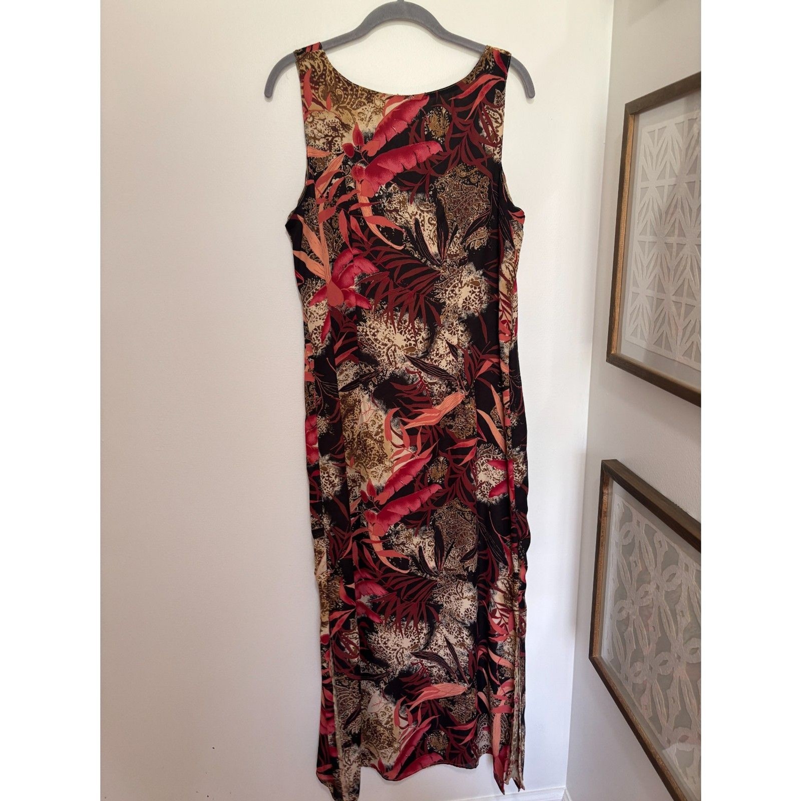 Studio Ease Tropical Animal Print Maxi Dress Size 12 Red Brown Y2K Resort Bold