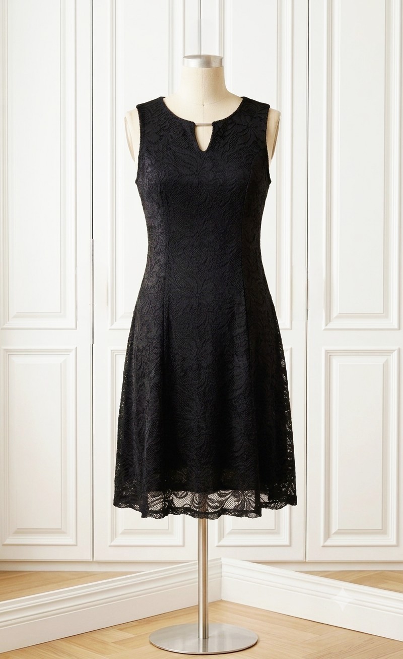 JM Collection Black Lace Sleeveless Midi Dress with Silver Ring Detail – Size L