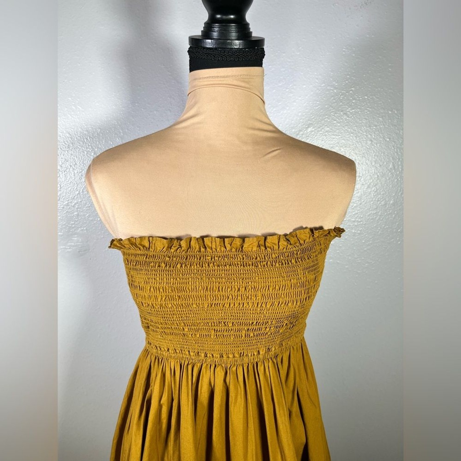 Mustard yellow smocked strapless mini dress S fall boho cottagecore casual dress