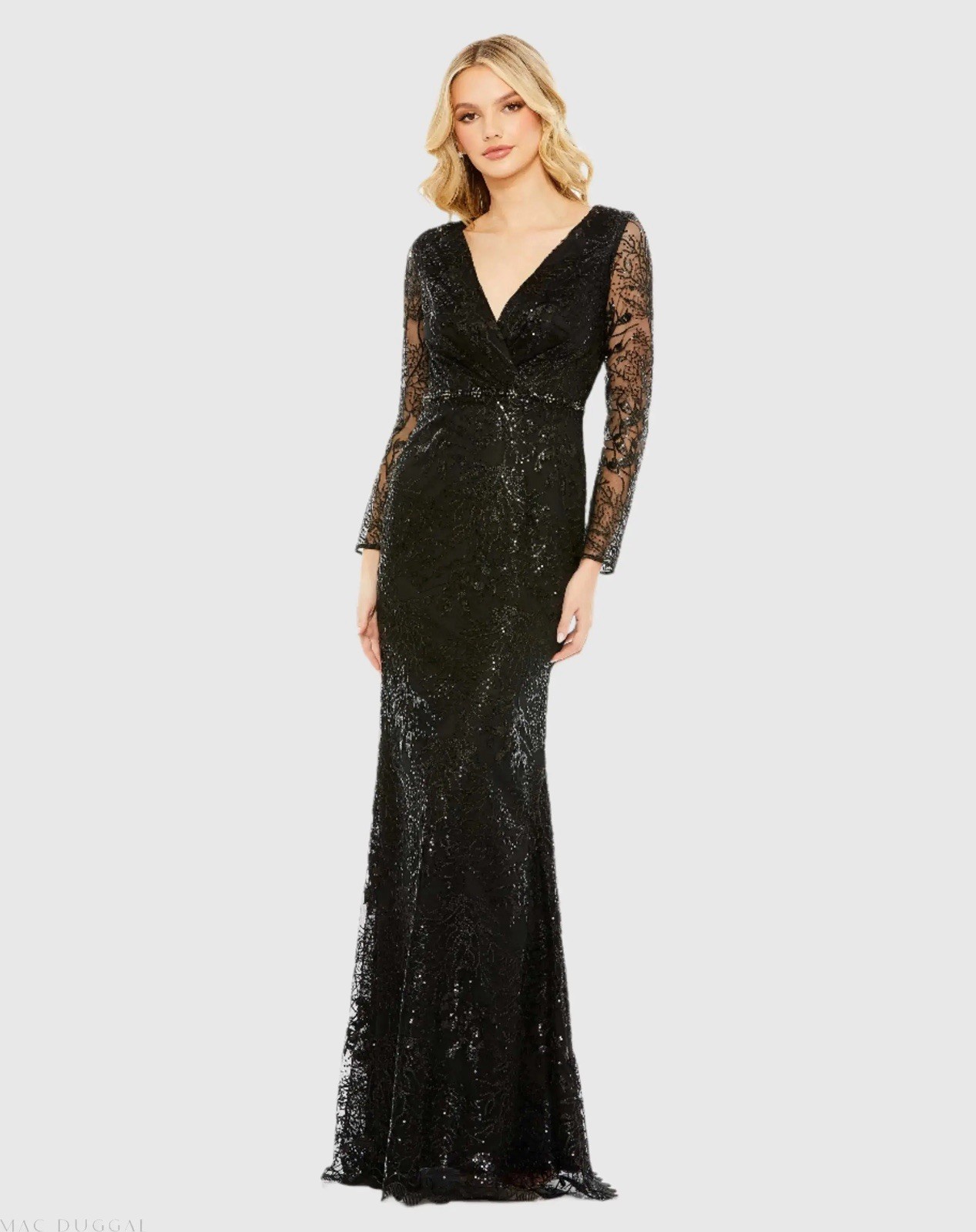 MAC DUGGAL Size 24 Black 68016 EMBELLISHED WRAP OVER LONG SLEEVE GOWN Dress Prom