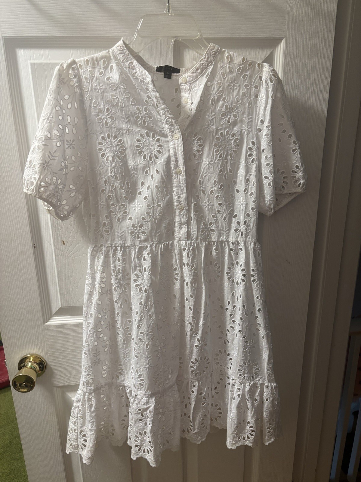 Rare! J.CREW White Eyelet Puff Sleeve Dress & Liner Button Top Size 6