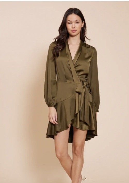 NWT Lucy Paris Adonia Wrap Dress Olive Green Satin Mini sz M long sleeve draped