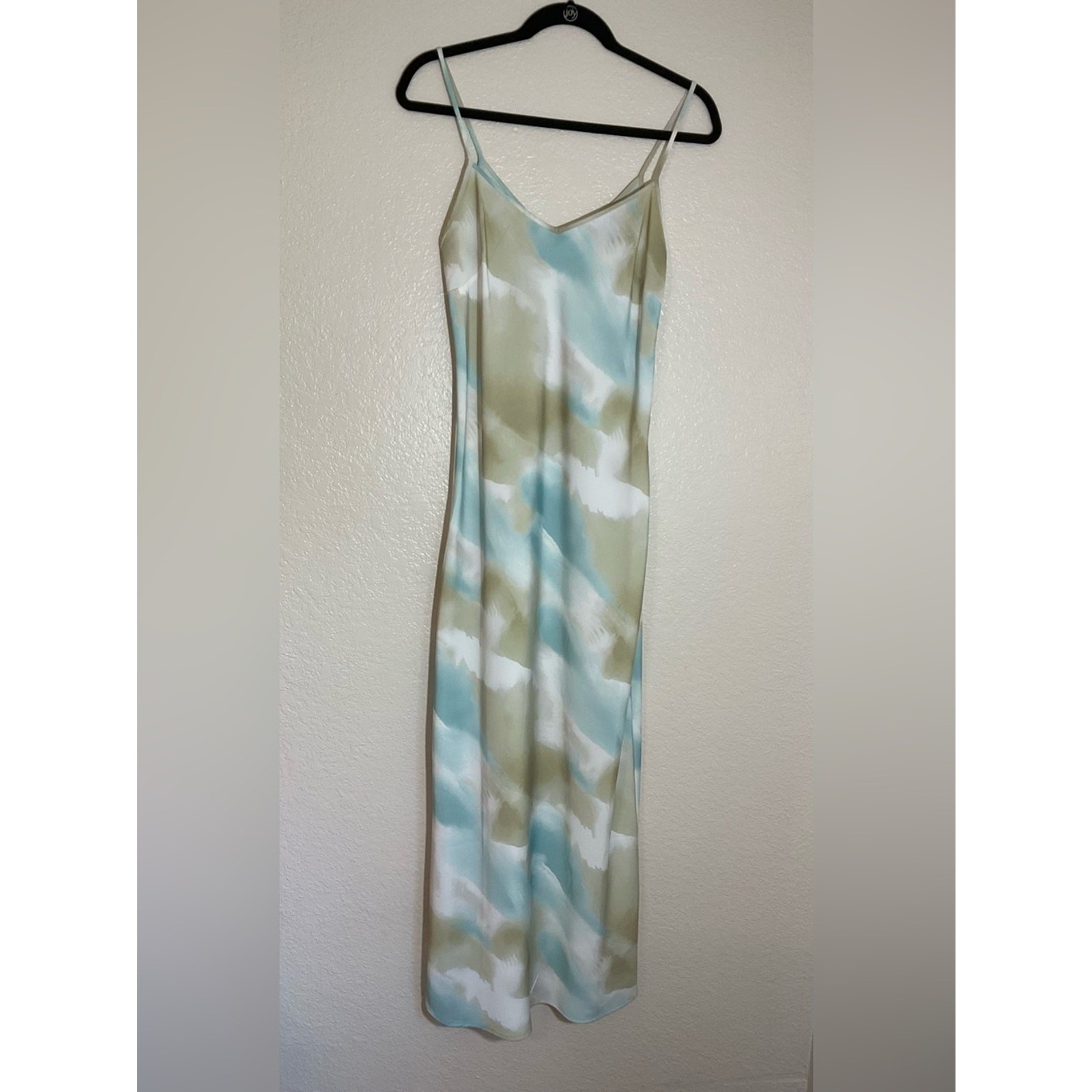 Forever 21 Satin Slip Midi Dress Green Blue Watercolor Print Size S