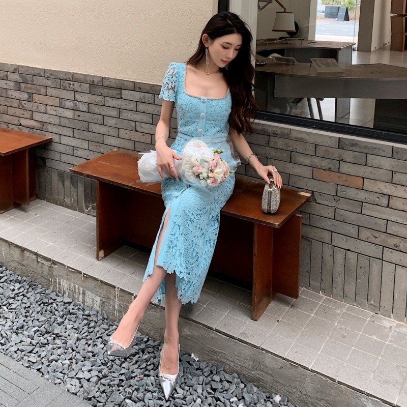 French Style Womens Lace Slim Short Sleeve Square Neck Mid Long Fishtail Dresses