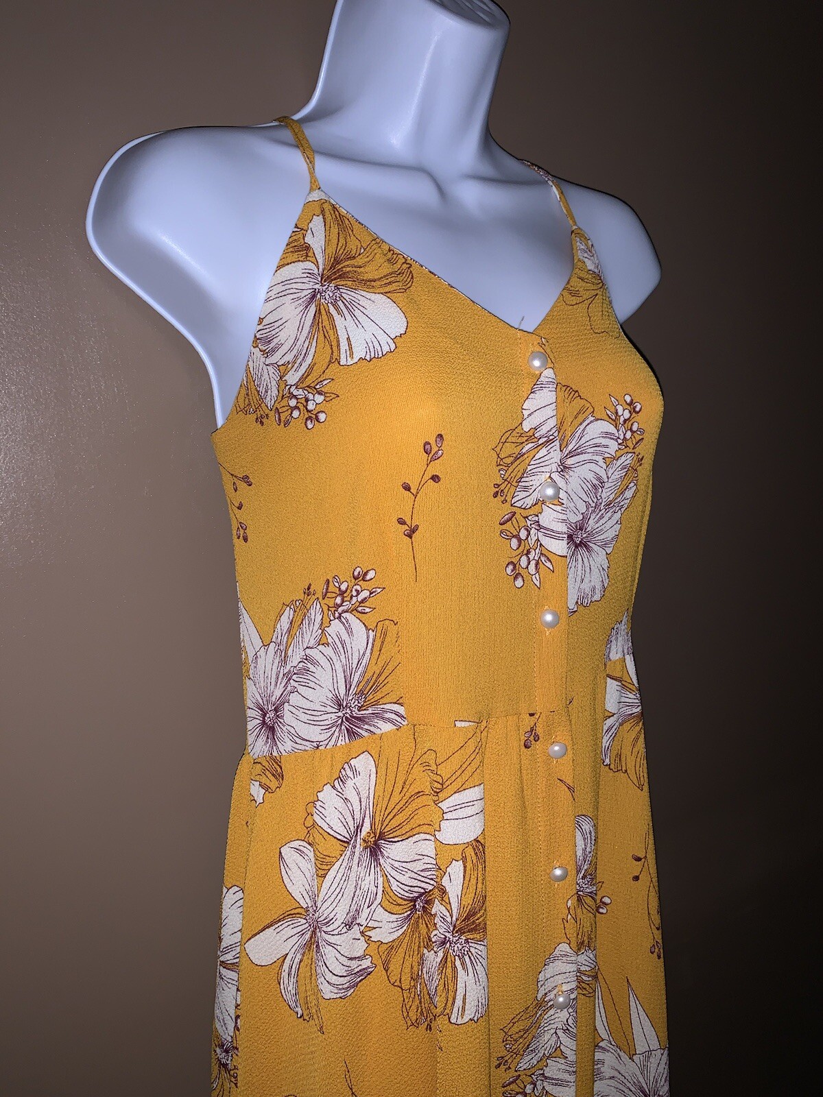 Beautiful Boho Yellow Floral Long Maxi Dress With Pearl Button Front Size Medium