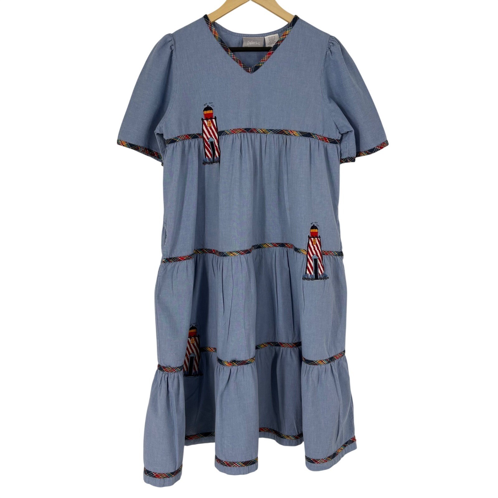 Blair Womens Blue Cotton Tiered Midi Dress Lighthouse Plaid Trim Small