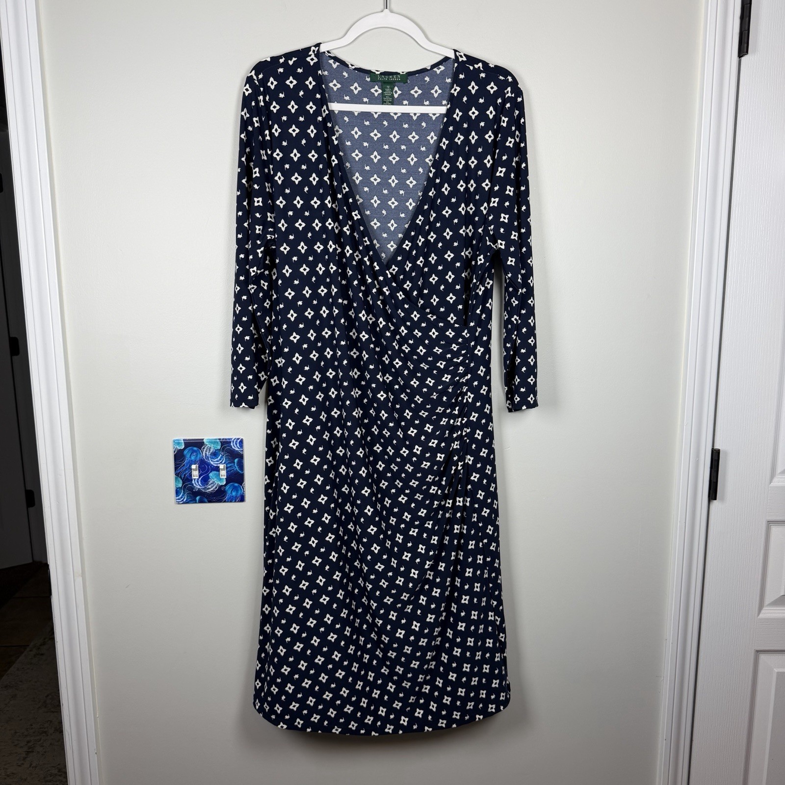 Lauren Ralph Lauren Jersey Knit Navy Blue White Ruched Midi Faux Wrap Dress 1X