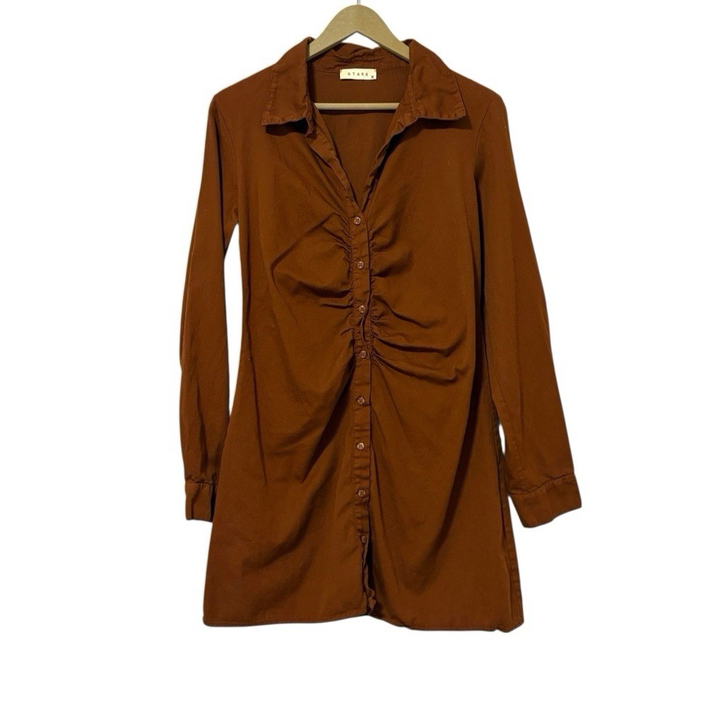 Stark X Size Medium Brown Ruched Button Up Long Sleeve Mini Dress Neutral Preppy