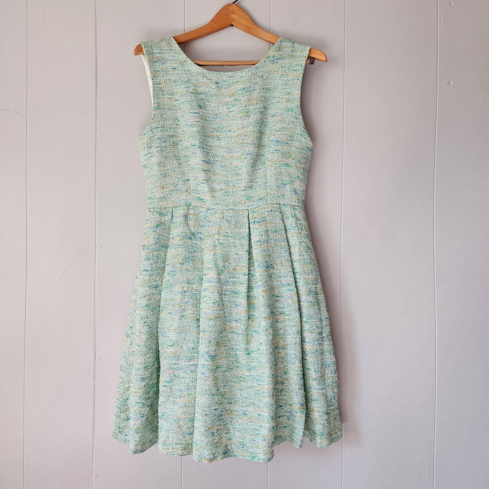 Paper Crown Anthropologie Tweed Green Blue Gold Fit Flare Dress M